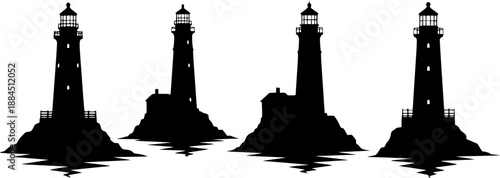 Collection of diverse lighthouse designs in black and white illustration