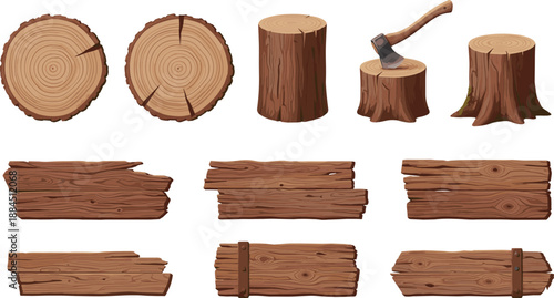 Wood Log and Timber Plank Illustration Set Featuring Tree Stumps, Cut Trunk Slices, Wooden Boards, and Rustic Carpentry Elements