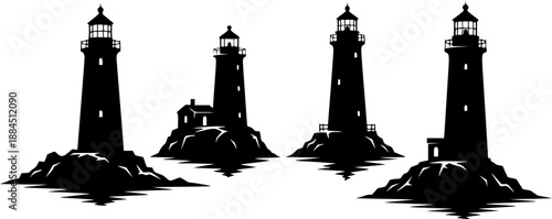 Collection of diverse lighthouse designs in black and white illustration