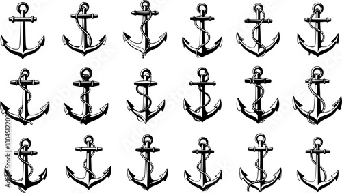 Nautical anchors collection black silhouettes set.