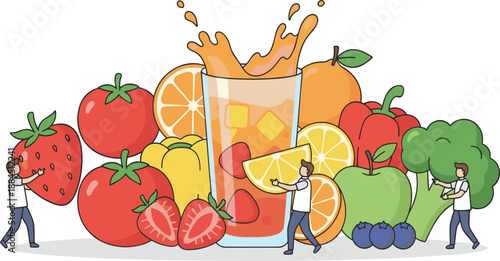 Fresh Fruit and Juice Illustration Featuring Strawberries, Citrus, Apples, Berries, Vegetables, and Mini Characters