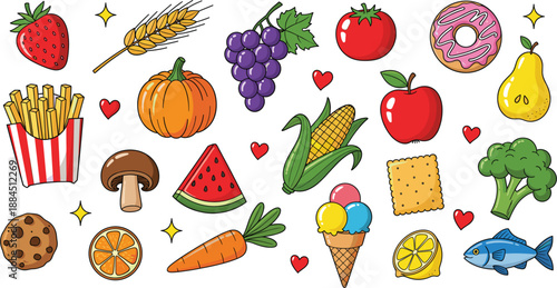 Hand drawn colorful food and healthy snack doodle vector set featuring fruits vegetables fast food and desserts for restaurant menus and stickers.