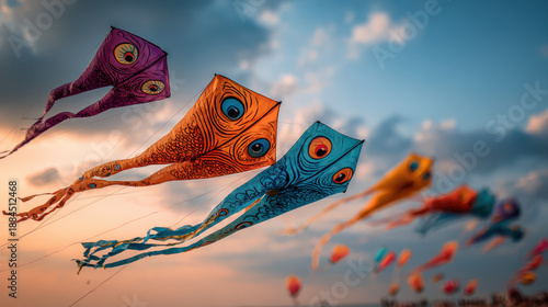 Vibrant kites soar in sunset sky: Sankranti festival celebration, Indian culture, joy, and freedom.
