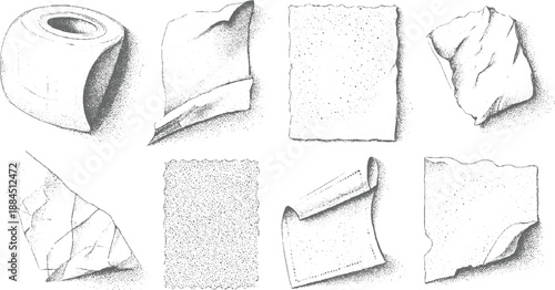 Assortment of stippled featuring paper fragments and textures with a central focus on a cylindrical and torn edges demonstrating intricate dot shading