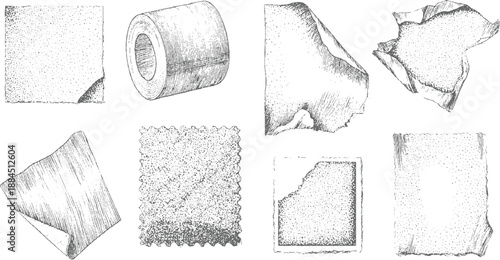Collection of torn paper scraps and a roll of rendered in a detailed stippling style showcasing various textures and edges