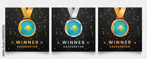 Winner templates for Kazakhstan. Gold silver and bronze medals with the Kazakh national flag design on dark background with sparkles and confetti. Vector illustration.