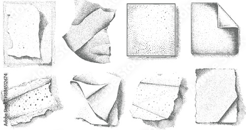Group of distressed paper scraps and torn sheets with visible holes and folded in a detailed stippling style