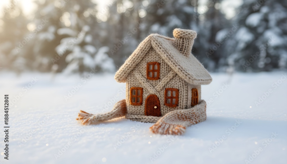 Naklejka premium A knitted house with hands lies in a serene snowy landscape surrounded by frosty trees on a winter morning