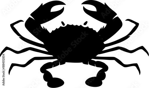 Black crab silhouette with raised claws suitable for seafood restaurant logos, beachthemed designs, marine life illustrations, and naturerelated projects.