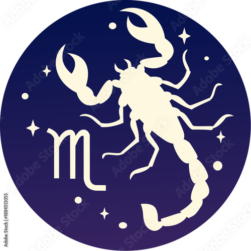 Astrological sign scorpio on dark purple background. Suitable for horoscope websites, astrology blogs, esoteric publications, and social media posts.