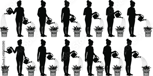 Woman watering plants silhouettes set, home gardening care routine, indoor outdoor plant watering black vector illustration collection
