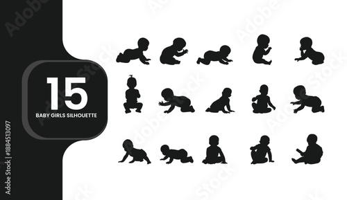 Set of 15 Baby Girl Silhouettes in Crawling and Sitting Poses