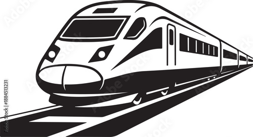 A sleek, modern high-speed train travels on railway tracks in a dynamic black and white illustration