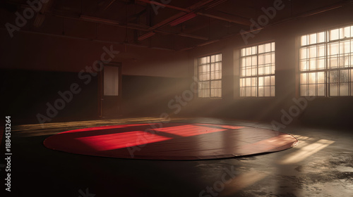 Empty wrestling ring in dark gym, spotlight illuminating red mat for intense competition or training.