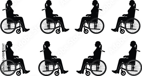 Woman wheelchair user silhouettes set, disability accessibility mobility concept, inclusive lifestyle black vector illustration collection people