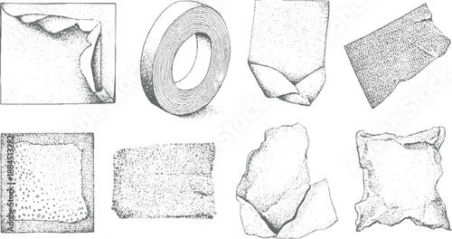 Artistic stippled of folded and torn paper fragments, a roll of tape, and textured paper sheets presented in a monochrome palette