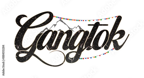 Gangtok Typography with Himalayas Mountain and Buddhist Prayer Flags Vector Illustration for Sikkim Tourism