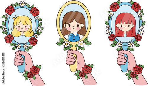 Set of three cute hand mirror vector illustrations featuring girl portraits decorated with red roses and white flowers isolated on white background for beauty design
