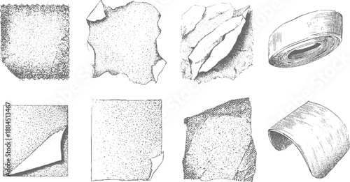 Collection of eight vintage stippled depicting various torn paper textures and rolled paper with rough edges and subtle dot shading creating depth and detail