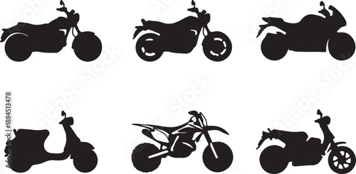 Collection of diverse motorcycle and scooter silhouettes illustrating various styles