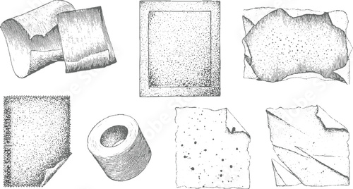 Assortment of rolled paper tubes and torn paper scraps in a vintage style with detailed textures and distressed edges