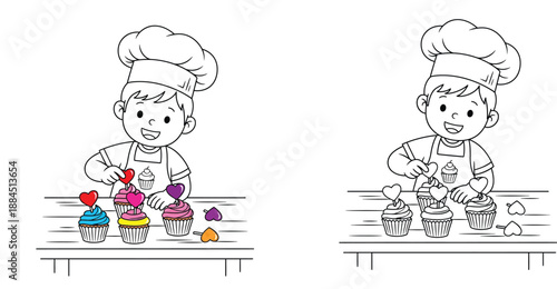 Cute boy chef decorating cupcakes with heart toppers vector illustration with black and white coloring book outline for kids.