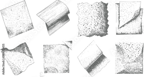 Group of abstract paper shapes and torn edges in a vintage style with detailed dot patterns and distressed textures