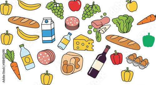 Grocery Food Illustration Set Featuring Bread, Fruits, Vegetables, Beverages, Cheese, Eggs, and Everyday Market Items in Clean Vector Style