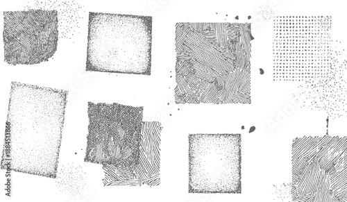 Abstract monochrome textures with stippled dots and linear patterns including torn edges and grid for