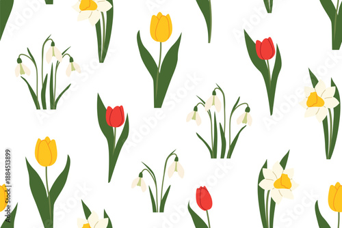 spring seamless pattern with colorful tulips, daffodils and snowdrops flowers - vector illustration