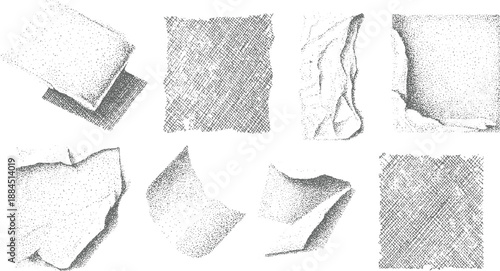 Ensemble of abstract grayscale forms including folded paper squares and textured surfaces with stippled and cross-hatched patterns for
