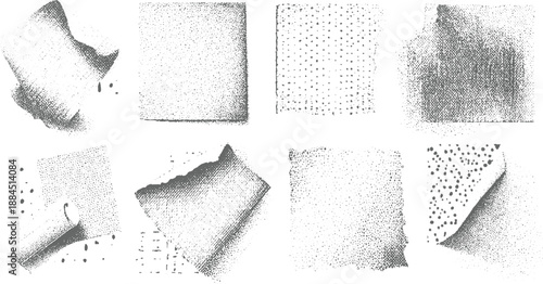 Assortment of abstract grayscale textures featuring torn paper edges stippled patterns and scattered dots creating a dynamic and artistic visual collage