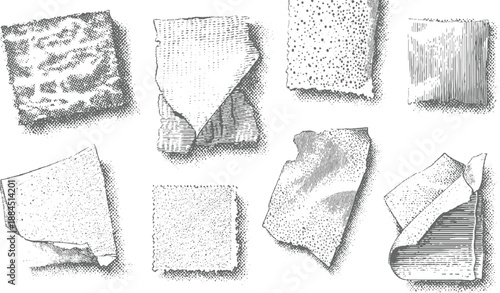 Assortment of eight abstract textured with stippling crosshatching and torn paper edges for vintage purposes