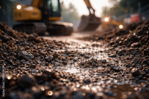 Wet Gravel Road Close Up with Blurred Excavator, Construction Groundworks and Rainy Worksite