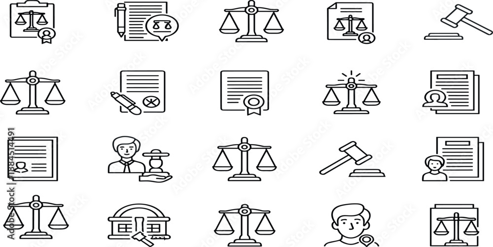 Fototapeta premium Collection of Law and Justice Icons Representing Legal Concepts and Proceedings in a Simple Line Art Style