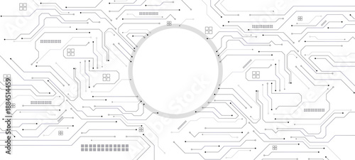 Abstract technology background. White circuit lines and connected dots on dark tech bg. Futuristic electronics concept.electronic circuit board