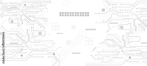Abstract technology background. White circuit lines and connected dots on dark tech bg. Futuristic electronics concept.circuit board background