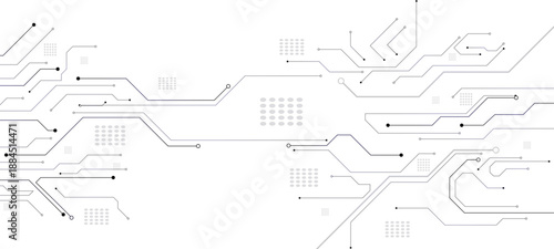 Abstract technology background. White circuit lines and connected dots on dark tech bg. circuit board background