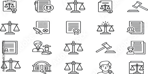Collection of Law and Justice Icons Representing Legal Concepts and Proceedings in a Simple Line Art Style