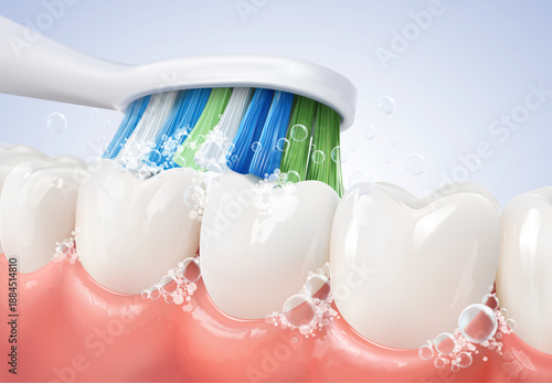 Close up 3D vector illustration of a toothbrush cleaning white teeth and gums with toothpaste foam and bubbles. Concept for dental hygiene and oral healthcare. Realistic EPS file.