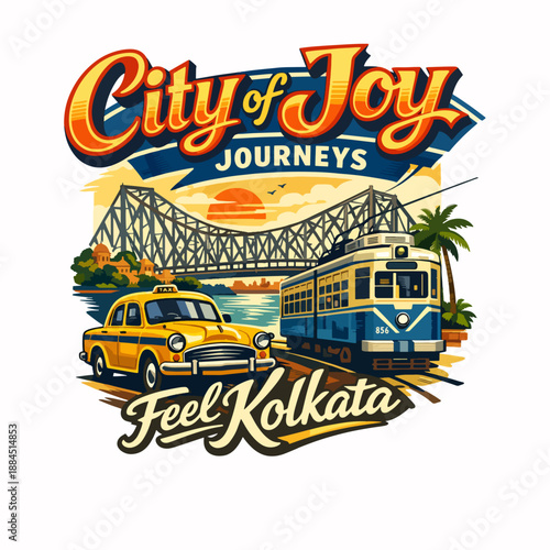 Kolkata travel poster with Howrah Bridge, tram and Ambassador taxi at sunset, vibrant City of Joy illustration capturing Bengal’s heritage and urban charm