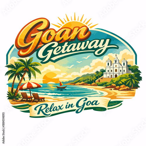 Goan Getaway beach poster with palm‑lined shore, colonial church and sunlit waves, tropical India travel illustration inviting relaxation on the Arabian Sea coast