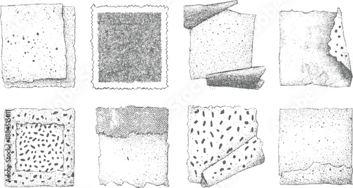Assortment of abstract torn paper textures with scattered dots and halftone patterns for unique background and applications