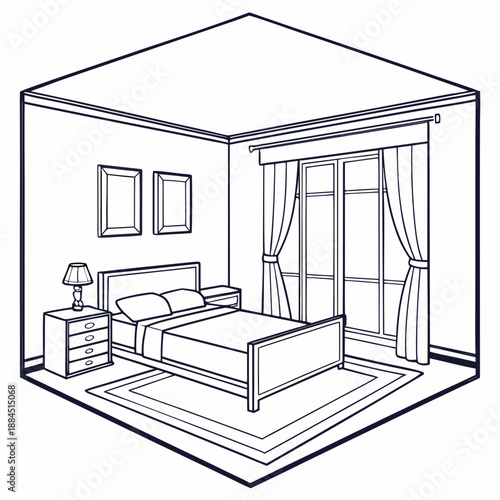 Isometric line art drawing of a modern bedroom interior with a bed, nightstands, and large window with curtains