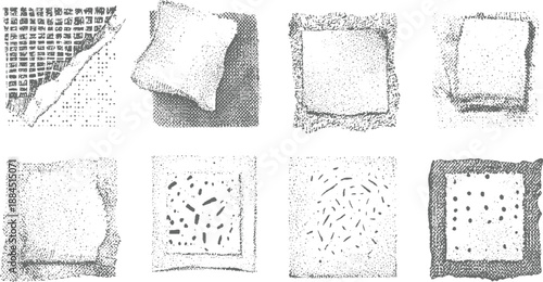 Abstract stippled textures and geometric patterns with torn paper edges creating a unique visual composition