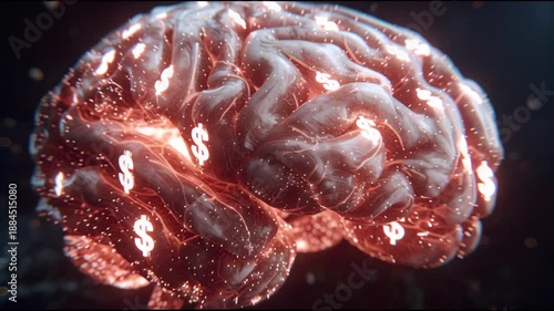 Surreal human brain with dollar sign and circuit pathways and flowing financial graphs, symbolizing intelligence-driven global markets.