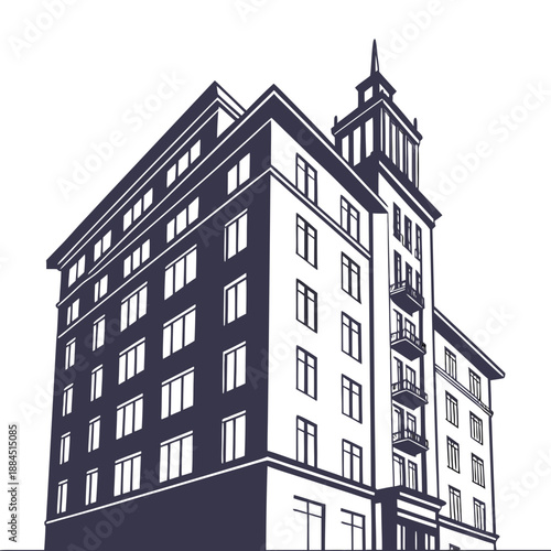 Stylized illustration of a multistory historic apartment building with a prominent tower detail