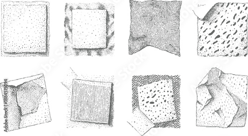 Collection of abstract stippled square shapes with varied textures and torn edges presented in a monochrome palette
