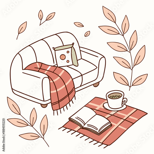 Cozy autumn scene with a comfortable sofa, warm plaid blanket, open book, and a cup of hot coffee, surrounded by delicate falling leaves, handdrawn illustration style