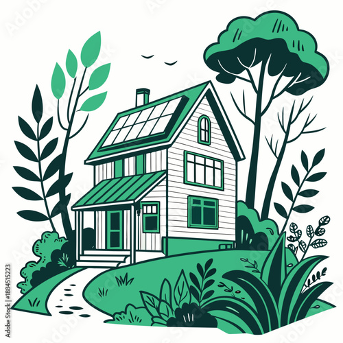 Charming twostory house with solar panels on the roof, nestled in a lush green landscape with trees and foliage, illustration of sustainable living and ecofriendly home design